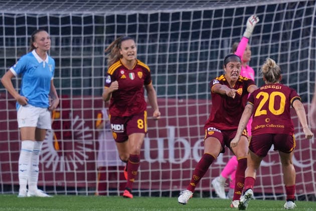 Roma™s Maya Doms celebrates after scoring during the Serie A Women soccer match between Roma and Lazio at the Rome s Tre Fontane stadium, Italy - Saturday October 3, 2026 - Soccer ( Photo by Alfredo Falcone LaPresse ) Copyright: xAlfredoxFalcone LaPressex