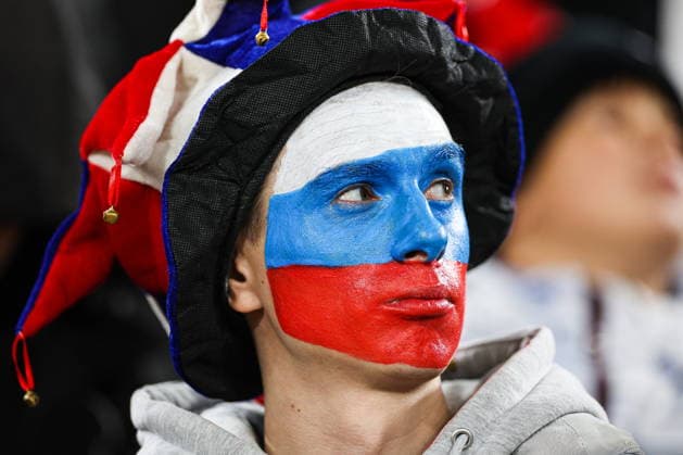 RUSSIA, YEKATERINBURG - OCTOBER 3, 2026: A man with the face painted in the colours of the Russian flag attends a friendly football match between Russia and Namibia at Yekaterinburg Arena Friendlies: Russia Vs Namibia - ZUMAt113 20261003_zaa_t113_188 Copyright: xMikhailxSinitsynx