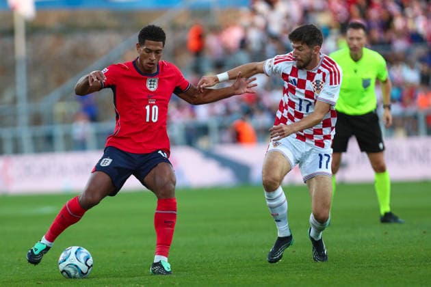 Rijeka, Croatia, 3rd October 2026. UEFA Nations League. Matchday 3, Group A3. Croatia v England at Rujevica, Rijeka. Jude BELLINGHAM (10) and Petar SUCIC (17). Croatia v England, UEFA Nations League. 