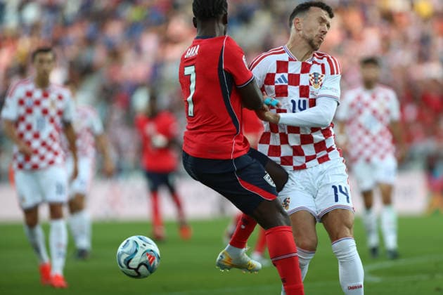 Rijeka, Croatia, 3rd October 2026. UEFA Nations League. Matchday 3, Group A3. Croatia v England at Rujevica, Rijeka. Bukayo SAKA (7) in duel with Ivan PERISIC (14). Croatia v England, UEFA Nations League. 