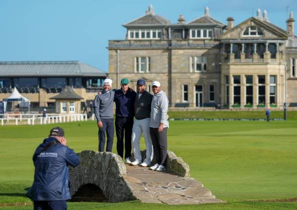 L to R: Davis Bryant, Dermot Desmond, Neal Elattrache & Brooks Koepka pose for a photograph on the Swilken Bridge at the 18th hole. Alfred Dunhill Links Championship, Golf, Round 3, Old Course St Andrews, Scotland, UK, Scotland, UK - 03 Oct 2026 Scotland United Kingdom  Copyright: xStuartxWallace Shutterstockx 17184163g