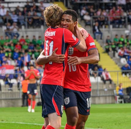 03 October 2026 - Croatia v England - UEFA Nations League - Stadion HNK - Rijeka - Croatia. Croatia v England - UEFA Nations League - Stadion HNK - Rijeka - Croatia. England s Jude Bellingham celebrates his goal with Anthony Gordon. Picture : Mark Pain RIJEKA CROATIA Copyright: xMarkxPainx