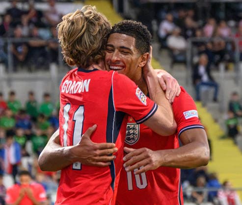 03 October 2026 - Croatia v England - UEFA Nations League - Stadion HNK - Rijeka - Croatia. Croatia v England - UEFA Nations League - Stadion HNK - Rijeka - Croatia. England s Jude Bellingham celebrates his goal with Anthony Gordon. Picture : Mark Pain Alamy Live News RIJEKA CROATIA Copyright: xMarkxPainx