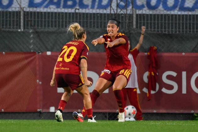 IPA89265764 - AS Roma s Maya Loren Domes celebrates after scoring the goal that made the score 1-0 during the 2026 2027 Serie A Women s Athora Italian Football Championship match between AS Roma Women and SS Lazio Women at the Tre Fontane Stadium on October 3, 2026. Copyright: xFabrizioxCorradetti IPAxSportx xx IPA89265764
