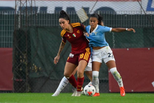 IPA89265754 - AS Roma s Martina Piemonte battles for the ball with Lazio Women s Carola Zannini during the Italian Women s Serie A Athora 2026 2027 match between AS Roma Women and SS Lazio Women at the Tre Fontane Stadium on October 3, 2026. Copyright: xFabrizioxCorradetti IPAxSportx xx IPA89265754