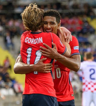 03 October 2026 - Croatia v England - UEFA Nations League - Stadion HNK - Rijeka - Croatia. Croatia v England - UEFA Nations League - Stadion HNK - Rijeka - Croatia. England s Jude Bellingham celebrates his goal with Anthony Gordon. Picture : Mark Pain RIJEKA CROATIA Copyright: xMarkxPainx