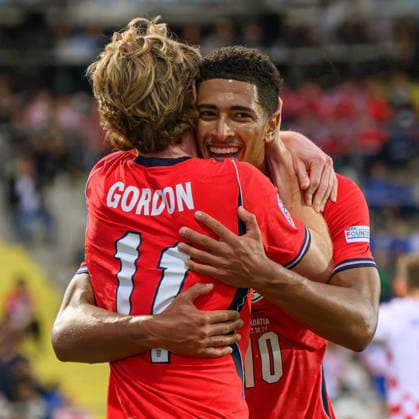 03 October 2026 - Croatia v England - UEFA Nations League - Stadion HNK - Rijeka - Croatia. Croatia v England - UEFA Nations League - Stadion HNK - Rijeka - Croatia. England s Jude Bellingham celebrates his goal with Anthony Gordon. Picture : Mark Pain RIJEKA CROATIA Copyright: xMarkxPainx