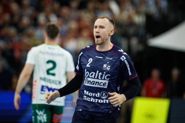 Opel HBL SG Flensburg Handewitt vs. FRISCH AUF Göppingen, October 3, 2026—Celebration: Simon Pytlick (No. 2) celebrates a goal, SG Flensburg Handewitt Opel HBL SG Flensburg Handewitt vs. FRISCH AUF Göppingen, GGW Arena on October 3, 2026 Copyright: xBEAUTIFULxSPORTS MarioxM.xKobergx