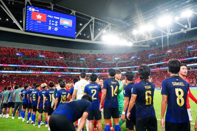 HONG KONG-SPORTS ASEAN-CUP Players of Hong Kong, China and Cambodia shake hands after the FIFA ASEAN Challenge Cup final at Kai Tak Stadium in Hong Kong on October 3, 2026. Hong Kong, China won the match 2-0 to claim the title. (Photo by Zulu Lo TMHK via Nexpher Images) Hong Kong
