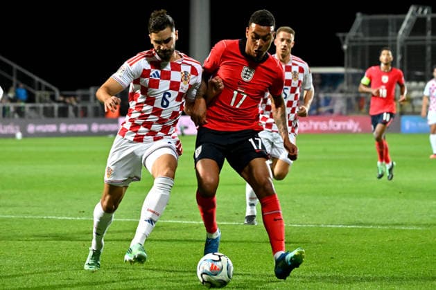 RIJEKA, CROATIA - OCTOBER 03: Morgan Rogers of England (R) in action against Josip Sutalo of Croatia (L) during the UEFA Nations League, League A Group A3, match between Croatia and England at Stadion Rujevica, Rijeka on October 03, 2026 in Rijeka, Croatia. (Photo by Igor Kupljenik Sports Press Photo). Copyright: xIgorxKupljenikx xSPPx Sportspressphoto_SPR244626