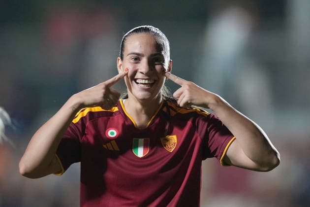 Roma™s Alice Corelli celebrates after scoring during the Serie A Women soccer match between Roma and Lazio at the Rome s Tre Fontane stadium, Italy - Saturday October 3, 2026 - Soccer ( Photo by Alfredo Falcone LaPresse )  Copyright: xAlfredoxFalcone LaPressex