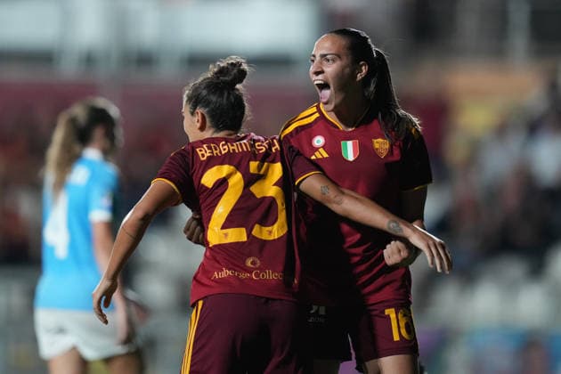 Roma™s Alice Corelli celebrates after scoring during the Serie A Women soccer match between Roma and Lazio at the Rome s Tre Fontane stadium, Italy - Saturday October 3, 2026 - Soccer ( Photo by Alfredo Falcone LaPresse ) Copyright: xAlfredoxFalcone LaPressex