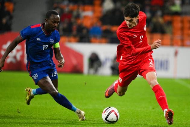 Russia Soccer Friendly Russia - Namibia 9256963 03.10.2026 Namibia s Peter Shalulile and Russia s Turpal-Ali Ibishev struggle for a ball during the friendly soccer match between Russia and Namibia at Yekaterinburg Arena in Yekaterinburg, Russia. Grigory Sysoev Sputnik Yekaterinburg Sverdlovsk Oblast Region Russia Copyright: xGrigoryxSysoevx