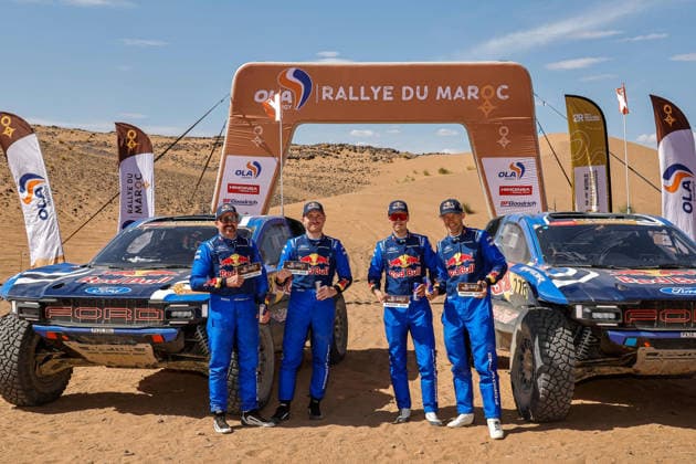 W2RC - RALLYE DU MAROC 2026 228 GUTHRIE Mitch (usa), WALCH Kellon (usa), Ford Raptor, Ford Racing, FIA W2RC, ULT T1+, action, 226 EKSTRÖM Mattias (swe), BERGKVIST Emil (swe), Ford Raptor, Ford Racing, FIA W2RC, ULT T1+, action Finisher podium, portrait during the Stage 5 of the Rallye du Maroc 2026, 4th round of the 2026 WR2C Championship from October 3, 2026 around Zagora, Morocco - AgadirMorocco  Copyright: xPauloxMariax
