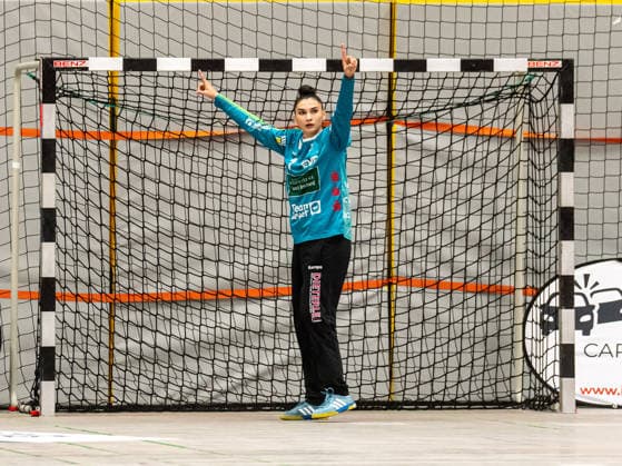 Mikaela Sobrinho Possatti of Frisch Auf Women, No. 01, celebrates; SG Nürtingen Zizishausen vs. Frisch Auf Göppingen, Handball, DHB Cup, 2026–2027 season, October 3, 2026, SG Nürtingen Zizishausen vs. Frisch Auf Göppingen, Handball, DHB Cup, 2026–2027 season, October 3, 2026, Nürtingen Copyright: xMichaelxSchmidt Eibner-Pressefotx EP_MST