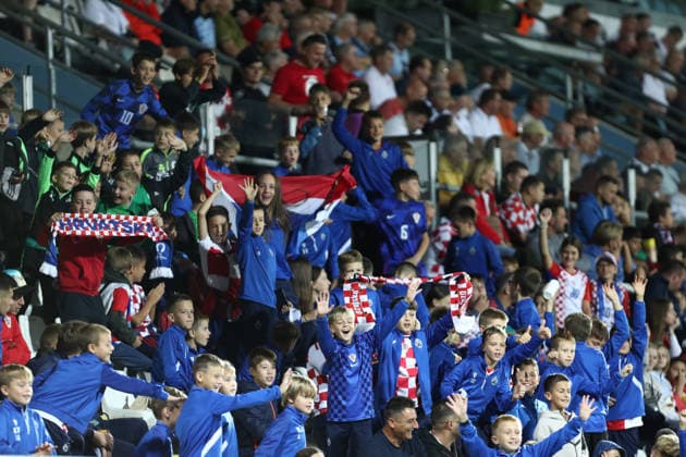 Rijeka, Croatia, 3rd October 2026. UEFA Nations League. Matchday 3, Group A3. Croatia v England at Rujevica, Rijeka. Young Croatian fans on stand. Croatia v England, UEFA Nations League.