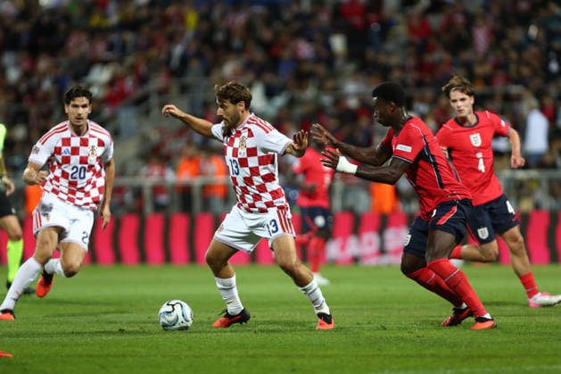 Rijeka, Croatia, 3rd October 2026. UEFA Nations League. Matchday 3, Group A3. Croatia v England at Rujevica, Rijeka. Nikola VLASIC (13) with the ball. Croatia v England, UEFA Nations League.