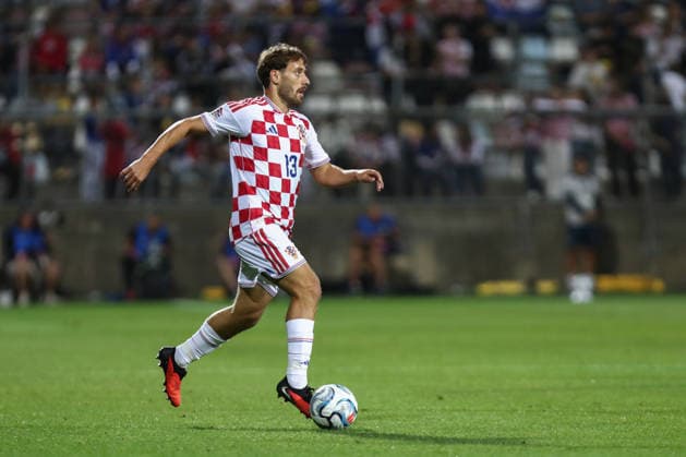 Rijeka, Croatia, 3rd October 2026. UEFA Nations League. Matchday 3, Group A3. Croatia v England at Rujevica, Rijeka. Nikola VLASIC (13) with the ball. Croatia v England, UEFA Nations League.