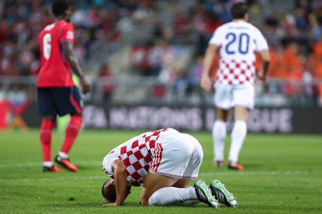 Rijeka, Croatia, 3rd October 2026. UEFA Nations League. Matchday 3, Group A3. Croatia v England at Rujevica, Rijeka. Mario PASALIC (15) on his knees and head on the pitch after another received goal. Croatia v England, UEFA Nations League.