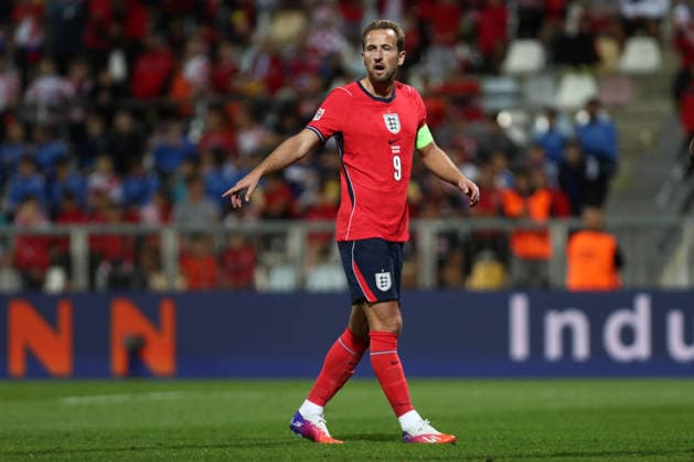 Rijeka, Croatia, 3rd October 2026. UEFA Nations League. Matchday 3, Group A3. Croatia v England at Rujevica, Rijeka. Harry KANE (9) pointing. Croatia v England, UEFA Nations League.