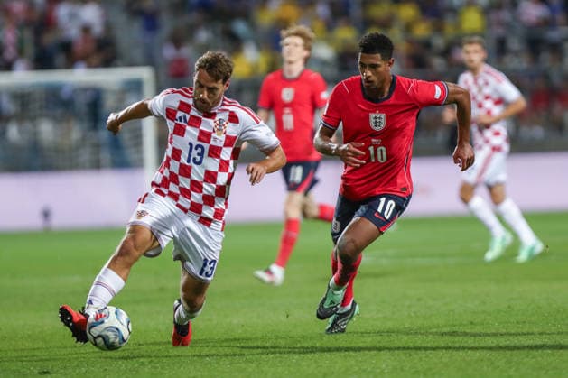 Rijeka, Croatia, 3rd October 2026. UEFA Nations League. Matchday 3, Group A3. Croatia v England at Rujevica, Rijeka. Nikola VLASIC (13) and Jude BELLINGHAM (10). Croatia v England, UEFA Nations League.