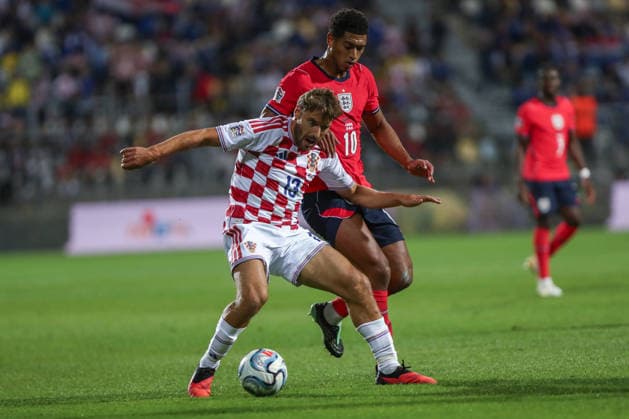Rijeka, Croatia, 3rd October 2026. UEFA Nations League. Matchday 3, Group A3. Croatia v England at Rujevica, Rijeka. Nikola VLASIC (13) and Jude BELLINGHAM (10). Croatia v England, UEFA Nations League.