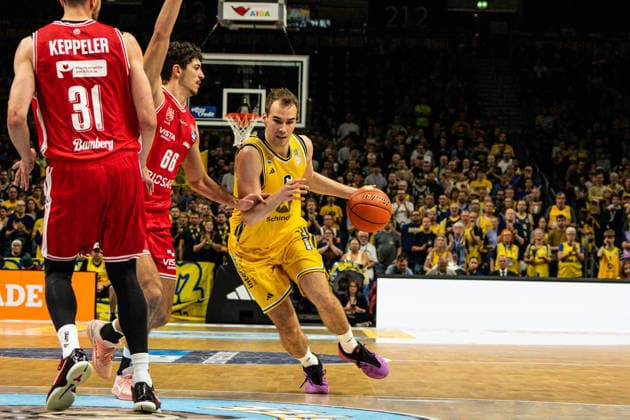 Malte Delow, October 3, 2026, Alba Berlin vs. Bamberg Baskets, Basketball, BBL, Uber Arena, Berlin. DFL regulations prohibit any use of photographs as image sequences and or quasi-video. Copyright: HMBxMedia xFinnxWeidmann
