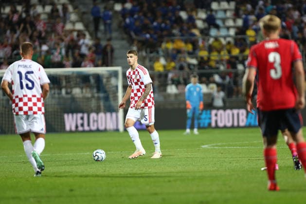 Rijeka, Croatia, 3rd October 2026. UEFA Nations League. Matchday 3, Group A3. Croatia v England at Rujevica, Rijeka. Luka VUSKOVIC (5) with the ball. Croatia v England, UEFA Nations League.