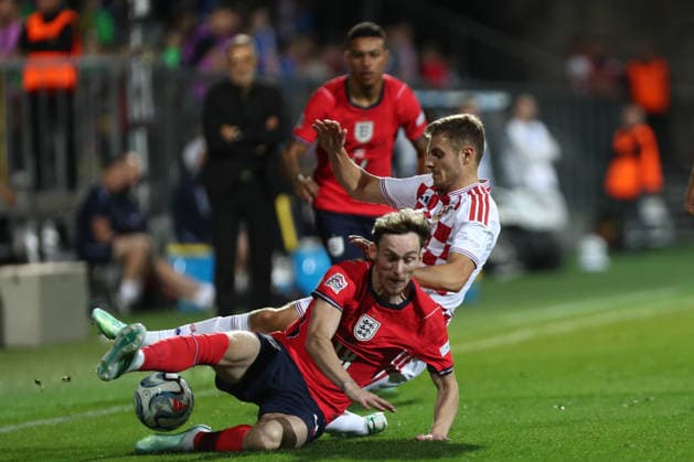 Rijeka, Croatia, 3rd October 2026. UEFA Nations League. Matchday 3, Group A3. Croatia v England at Rujevica, Rijeka. Josip STANISIC (2) and James GARNER (18) in duel. Croatia v England, UEFA Nations League. 