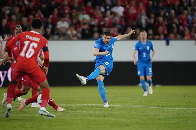 Luzern, Switzerland - October 03: Zan Vipotnik (18 SLO) scored the first goal during the UEFA Nations League match between Switzerland and Slovenia at thermoplan arena on October 03, 2026 in Luzern, Switzerland. Copyright: xKjetilxWaberx xSPPx Sportspressphoto_SPR244691