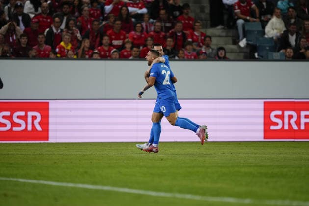 Luzern, Switzerland - October 03: Zan Vipotnik (18 SLO) celebrates hist goal with Aljosa Matko (20 SLO) during the UEFA Nations League match between Switzerland and Slovenia at thermoplan arena on October 03, 2026 in Luzern, Switzerland. Copyright: xKjetilxWaberx xSPPx Sportspressphoto_SPR244693