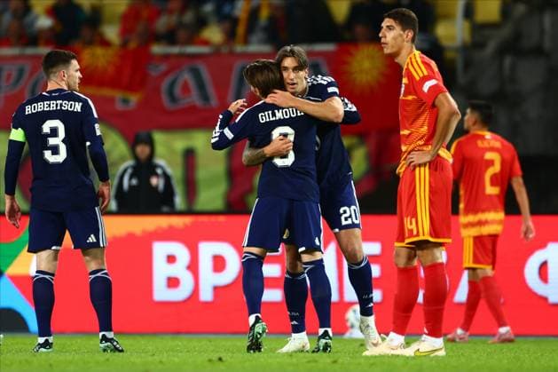 Kieron Bowie of Scotland celebrates scoring a goal to make the score 1-0. North Macedonia v Scotland, UEFA Nations League, Football, Nacionalna Arena Tose Proeski, Skopje, North Macedonia - 03 Oct 2026Skopje Nacionalna Arena Tose Proeski North Macedonia  Copyright: xNikolaxKrstic Shutterstockx 17184131bh