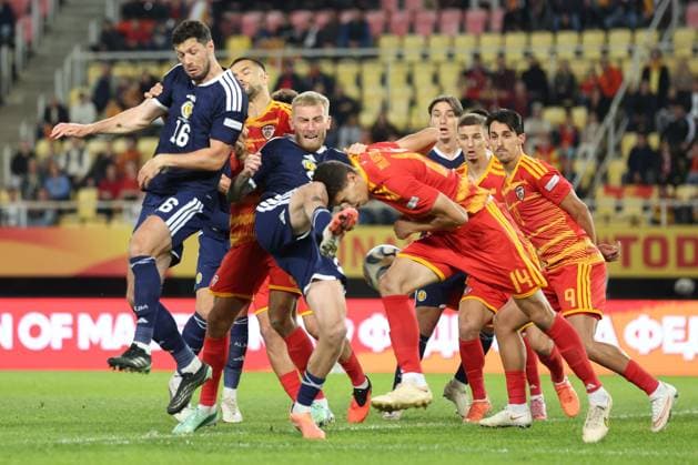 Players clash ahead of a corner. North Macedonia v Scotland, UEFA Nations League, Football, Nacionalna Arena Tose Proeski, Skopje, North Macedonia - 03 Oct 2026Skopje Nacionalna Arena Tose Proeski North Macedonia  Copyright: xNikolaxKrstic Shutterstockx 17184131bl