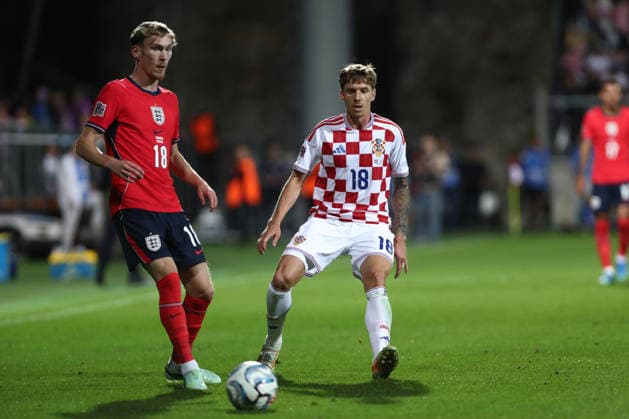 Rijeka, Croatia, 3rd October 2026. UEFA Nations League. Matchday 3, Group A3. Croatia v England at Rujevica, Rijeka. Kristijan JAKIC (18) and James GARNER (18). Croatia v England, UEFA Nations League.