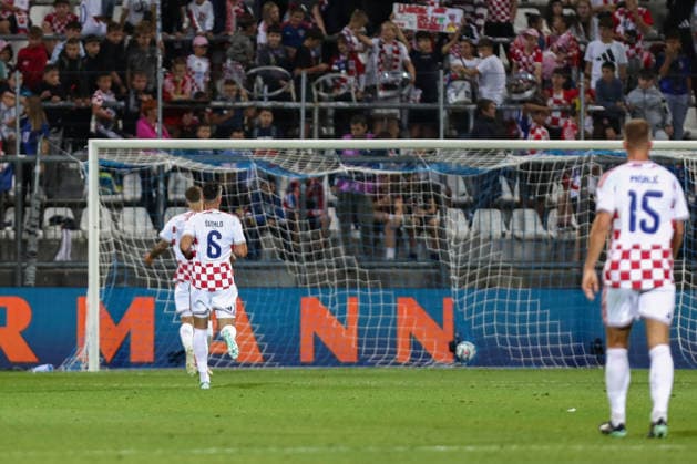 Rijeka, Croatia, 3rd October 2026. UEFA Nations League. Matchday 3, Group A3. Croatia v England at Rujevica, Rijeka. Croatian players in front of the goal, Croatia v England, UEFA Nations League.