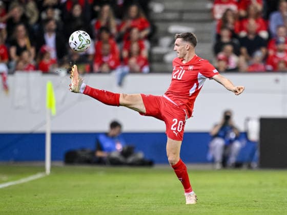 Michel Aebischer of Switzerland controls the ball during the UEFA Nations League 2026–27 group stage match between Switzerland and Slovenia at Luzern Arena on October 3, 2026, in Lucerne, Switzerland. Photo by Harry Langer, DeFodi Images