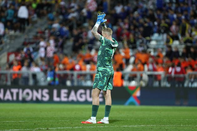 Rijeka, Croatia, 3rd October 2026. UEFA Nations League. Matchday 3, Group A3. Croatia v England at Rujevica, Rijeka. Jordan PICKFORD (1) celebrating. Croatia v England, UEFA Nations League.