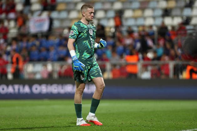 Rijeka, Croatia, 3rd October 2026. UEFA Nations League. Matchday 3, Group A3. Croatia v England at Rujevica, Rijeka. Jordan PICKFORD (1) celebrating. Croatia v England, UEFA Nations League.