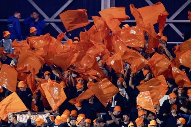 ALMERE , 03-10-2026 , Yanmar Stadium , season 2026 2027 , Dutch , Keukenkampioen division , match between 20:00 uur Almere City FC and FC Volendam , picture shows FC Volendam player supporters Almere City - Volendam  x207868615x Copyright: