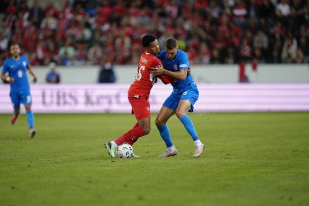 Luzern, Switzerland - October 03: Zachary Athekame (16 SUI) against Danijel Sturm (15 SLO) during the UEFA Nations League match between Switzerland and Slovenia at thermoplan arena on October 03, 2026 in Luzern, Switzerland. Copyright: xKjetilxWaberx xSPPx Sportspressphoto_SPR244725