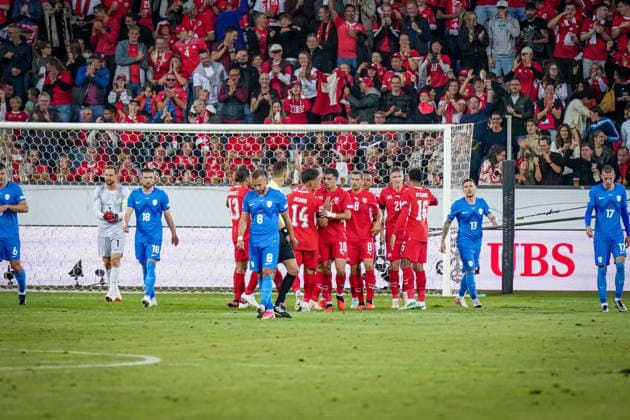 Soccer: UEFA Nations League 2026–2027, Matchday 3: Switzerland vs. Slovenia at Thermoplan Arena Lucerne—Goal and celebrations following the 1–1 equalizer, scored via an own goal by Erik Janza of Slovenia; 13: Joy, emotions, cheers Copyright: xJOERANxSTEINSIEKx