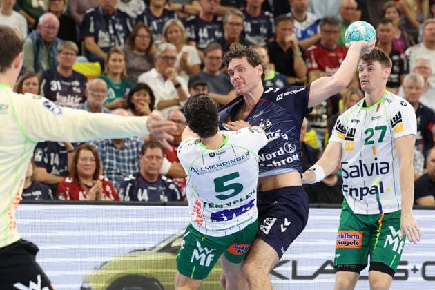 October 3, 2026, xBHAx, Handball, Opel HBL, 2026–2027 Season, 1 HBL, SG Flensburg Handewitt vs. FRISCH AUF Göppingen, GGW Arena Tilen Kodrin vs. VfL Gummersbach, 5 vs. Niclas Kirkelökke (SG Flensburg Handewitt), 5 Schleswig-Holstein Deutschkand