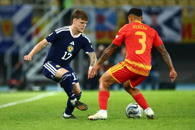 Ben Gannon-Doak of Scotland and Sebastian Herrera of North Macedonia in action. North Macedonia v Scotland, UEFA Nations League, Football, Nacionalna Arena Tose Proeski, Skopje, North Macedonia - 03 Oct 2026Skopje Nacionalna Arena Tose Proeski North Macedonia  Copyright: xNikolaxKrstic Shutterstockx 17184131bw