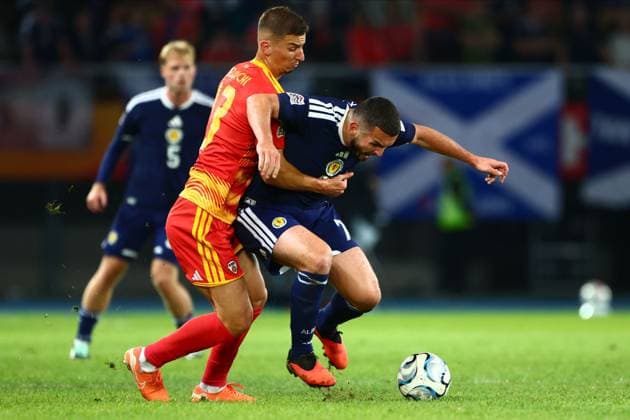Anes Meljichi of North Macedonia tackles John McGinn of Scotland. North Macedonia v Scotland, UEFA Nations League, Football, Nacionalna Arena Tose Proeski, Skopje, North Macedonia - 03 Oct 2026Skopje Nacionalna Arena Tose Proeski North Macedonia  Copyright: xNikolaxKrstic Shutterstockx 17184131bx