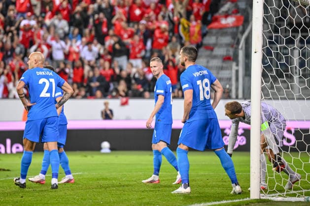 Zan Karnicnik of Slovenia and Zan Vipotnik of Slovenia look dejected during the UEFA Nations League 2026–27 group stage match between Switzerland and Slovenia at Luzern Arena on October 3, 2026, in Lucerne, Switzerland. Photo by Harry Langer, DeFodi Images