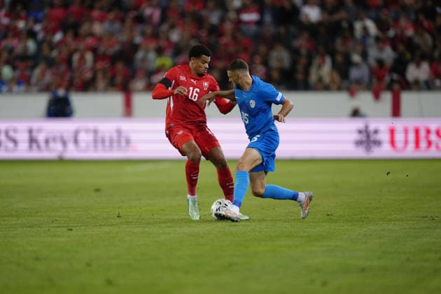 Luzern, Switzerland - October 03: Zachary Athekame (16 SUI) against Danijel Sturm (15 SLO) during the UEFA Nations League match between Switzerland and Slovenia at thermoplan arena on October 03, 2026 in Luzern, Switzerland. Copyright: xKjetilxWaberx xSPPx Sportspressphoto_SPR244737