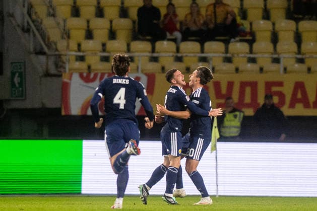 Kieron Bowie seen celebrating after scoring goal during UEFA Nations League Division B game between National Teams of North Macedonia an Scotland (Jacek Prondzynski Ball Raw Images) Skopje North Macedonia, Skopje North Macedonia Copyright: xJacekxProndzynskix jacekprondzynski_northmacedonia_scotland_2627_016
