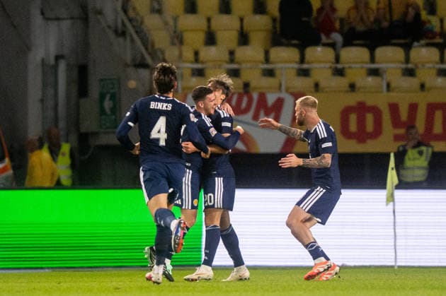 Kieron Bowie seen celebrating after scoring goal during UEFA Nations League Division B game between National Teams of North Macedonia an Scotland (Jacek Prondzynski Ball Raw Images) Skopje North Macedonia, Skopje North Macedonia Copyright: xJacekxProndzynskix jacekprondzynski_northmacedonia_scotland_2627_017