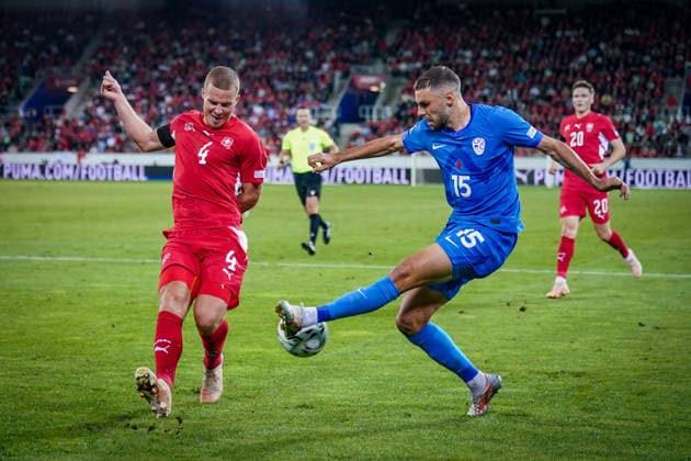 Soccer: UEFA Nations League 2026–2027, Matchday 3: Switzerland vs. Slovenia at Thermoplan Arena Lucerne; Nico Elvedi (Switzerland), 4; Danijel Sturm (Slovenia), 15 Copyright: xJOERANxSTEINSIEKx