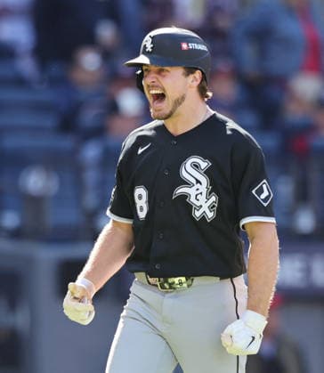 Chicago White Sox Kyle Teel celebrates after scoring a run in the seventh inning against the Cleveland Guardians in game one of the ALDS at Progressive Field in Cleveland, Ohio on Saturday, October 3, 2026.  CLE202610032040 AARONxJOSEFCZYK